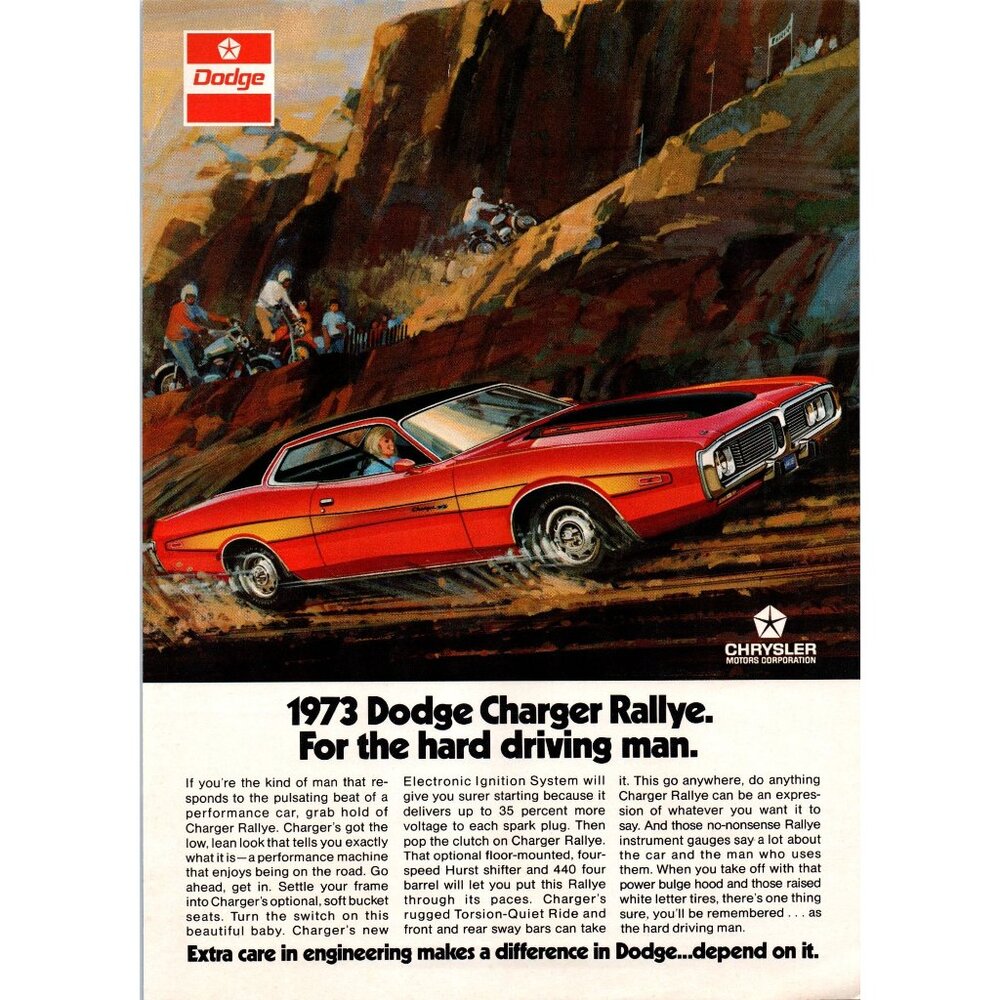 1973 Dodge Charger Rallye Coupe Vintage Print Ad Dirt Bike Racing 70s Wall Art